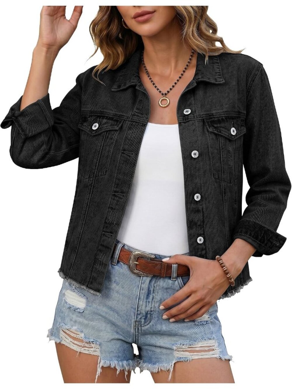 Women’s Black Western Trucker Frayed Hem Vintage Distressed Jean Jacket